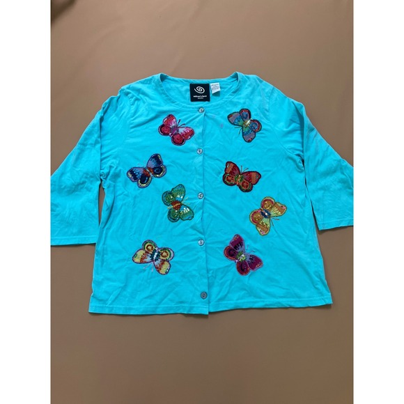 Michael Simon Sweaters - Michael Simon Event Womens Butterfly Cardigan Sequin Embellished Top XL Blue